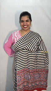 Vriksham Cream With Black Striped Print Ajrakh Modal Silk Saree-VS4663